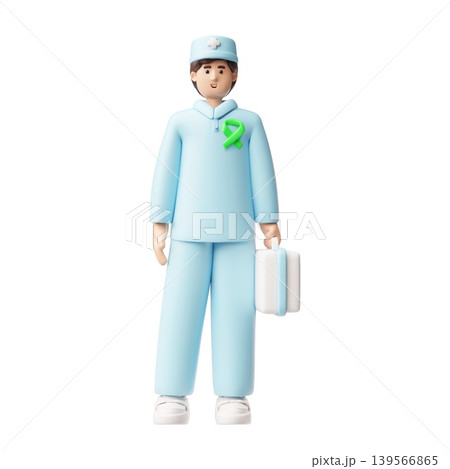Doctor psychologist with green awareness badge and first aid box, vector character 3D plastic style, Mental healthcare Doctor psychologist with green awareness badge and first aid box, vector character 3D plastic style, Mental healthcare 139566865