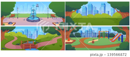 City Park summer day vector flat illustrations set, fountain, playground or bridge over the river, cityscape background City Park summer day vector flat illustrations set, fountain, playground or bridge over the river, cityscape background 139566872