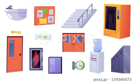 School corridor furniture and stuff collection, school hallway interior vector flat set, stairs, lockers, classroom door 139566873
