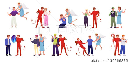 A set of characters in various life situations, with angels and demons, good and evil. A set of characters in various life situations, with angels and demons, good and evil. 139566876
