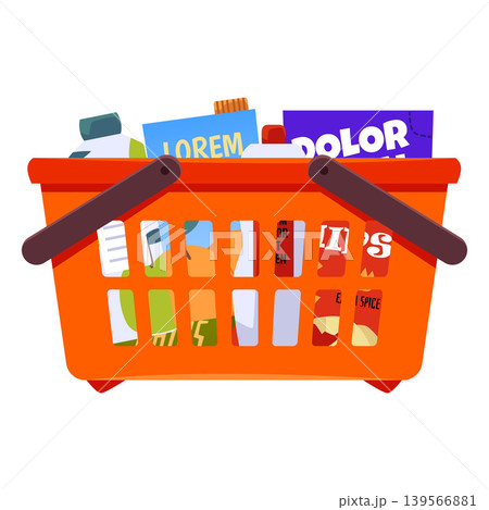 A full orange shopping cart with various grocery packaging and household chemicals. A full orange shopping cart with various grocery packaging and household chemicals. 139566881