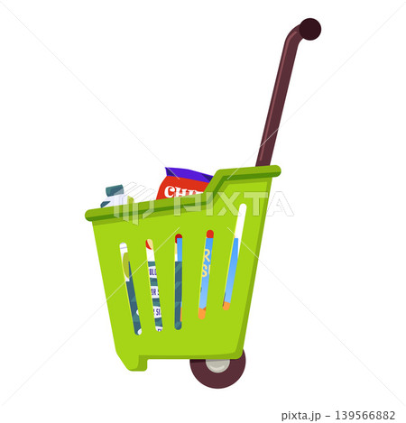Green shopping cart with wheels and a long handle, filled with groceries. Green shopping cart with wheels and a long handle, filled with groceries. 139566882