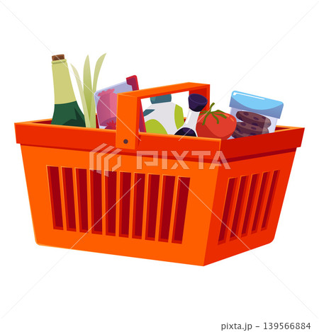 Orange shopping cart with groceries, a bottle of wine, herbs, tomatoes, and cookies. Orange shopping cart with groceries, a bottle of wine, herbs, tomatoes, and cookies. 139566884