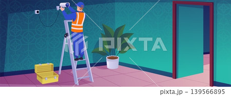 Banner with an empty room, a character on a ladder installing video surveillance. 139566895