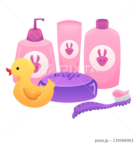 A set of baby hygiene products with pink bottles, a bar of soap, a rubber duck, and a toothbrush. A set of baby hygiene products with pink bottles, a bar of soap, a rubber duck, and a toothbrush. 139566901