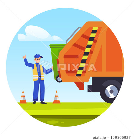 Garbage truck upload a garbage bin, vector industrial heavy machinery with worker in uniform, garbage collection service 139566927