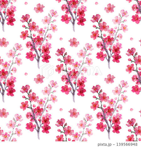 Watercolor seamless pattern featuring delicate branches of pink cherry blossoms and scattered petals. A romantic hand drawn botanical background ideal for spring fashion, textiles, and wedding 139566948