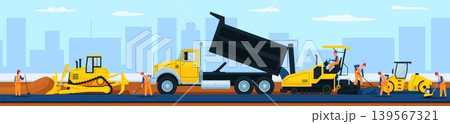 Construction machinery. Paving machine repair asphalt pothole maintenance worker bulldozer heavy vehicle roadwork industry highway site traffic qualitative vector illustration 139567321