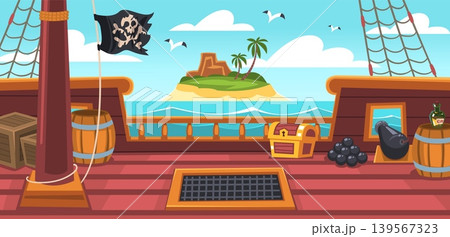 Pirate ship deck. Sailboat wooden board railing view with cannon, corsair old sail boat sea island treasure adventure game cartoon background rope mast classy vector illustration Pirate ship deck. Sailboat wooden board railing view with cannon, corsair old sail boat sea island treasure adventure game cartoon background rope mast classy vector illustration 139567323