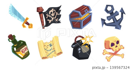 Pirate game icons. Pirates treasure map adventure gaming, cartoon 3d ui objects gold chest sword anchor skull flag old ship cannon compass caribbean set classy vector illustration 139567324