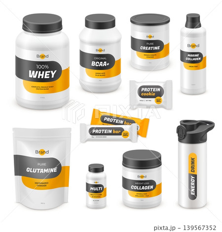 Realistic sports nutrition. 3d jar whey protein, sport supplement bottle label product mockup powder plastic container gym fitness drink shake bar set garish vector illustration Realistic sports nutrition. 3d jar whey protein, sport supplement bottle label product mockup powder plastic container gym fitness drink shake bar set garish vector illustration 139567352