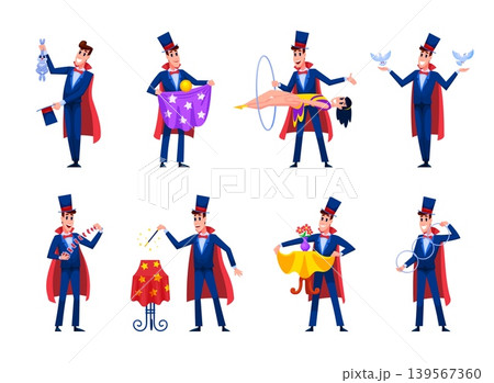 Cartoon illusionist. Magician magic trick, conjurer in hat with wand stick spell circus stage showman costume man performer suit card rabbit tricks qualitative vector illustration 139567360