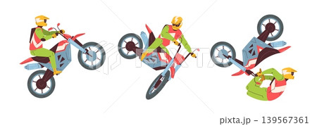 Motorcycle stunt. Freestyle motocross, professional motorbike riders extreme racers motor bike sport stunts motorcyclist jump poses, cartoon character classy vector illustration Motorcycle stunt. Freestyle motocross, professional motorbike riders extreme racers motor bike sport stunts motorcyclist jump poses, cartoon character classy vector illustration 139567361