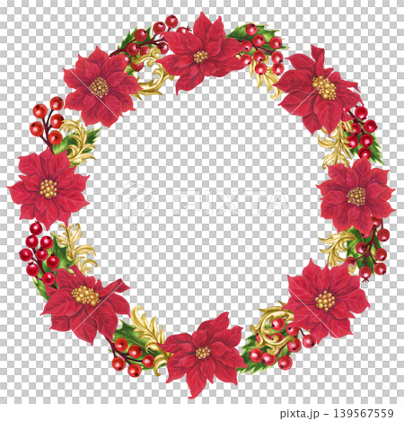 Vibrant Christmas wreath with red poinsettias, holly berries, fir branches, and gold vignettes. Elegant watercolor frame template for cards, invitation, seasonal decor, branding, label, holiday craft Vibrant Christmas wreath with red poinsettias, holly berries, fir branches, and gold vignettes. Elegant watercolor frame template for cards, invitation, seasonal decor, branding, label, holiday craft 139567559