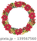Vibrant Christmas wreath with red poinsettias, holly berries, fir branches, and gold vignettes. Elegant watercolor frame template for cards, invitation, seasonal decor, branding, label, holiday craft 139567560