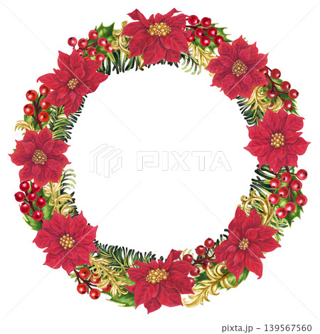 Vibrant Christmas wreath with red poinsettias, holly berries, fir branches, and gold vignettes. Elegant watercolor frame template for cards, invitation, seasonal decor, branding, label, holiday craft Vibrant Christmas wreath with red poinsettias, holly berries, fir branches, and gold vignettes. Elegant watercolor frame template for cards, invitation, seasonal decor, branding, label, holiday craft 139567560