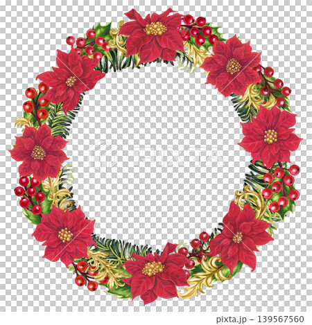 Vibrant Christmas wreath with red poinsettias, holly berries, fir branches, and gold vignettes. Elegant watercolor frame template for cards, invitation, seasonal decor, branding, label, holiday craft Vibrant Christmas wreath with red poinsettias, holly berries, fir branches, and gold vignettes. Elegant watercolor frame template for cards, invitation, seasonal decor, branding, label, holiday craft 139567560