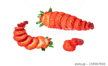 Strawberry pieces isolated, red berry cut set, fresh strawberries slices, summer food ingredient 139567930
