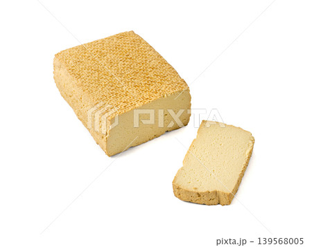 Tofu Cheese Isolated, Smoked Vegan Cheese Slice, Sliced Soya Bean Curd, Soy Protein or TSP Tofu Cheese Isolated, Smoked Vegan Cheese Slice, Sliced Soya Bean Curd, Soy Protein or TSP 139568005