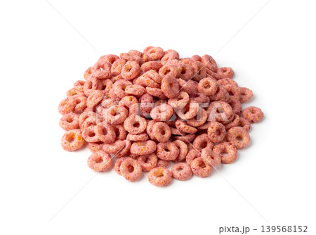 Pink Cereal Rings Isolated, Fruit Breakfast Rice Loops 139568152