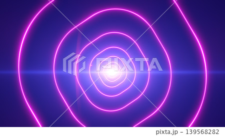 Abstract pink neon rounded rings glowing around a bright center on a blue background with soft futuristic light. Abstract pink neon rounded rings glowing around a bright center on a blue background with soft futuristic light. 139568282
