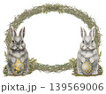 Watercolor rabbits holding ornate Easter eggs within a wheat frame. Soft tones and vintage botanical style create a festive template for invitations, holiday decor, packaging, and seasonal branding. 139569006