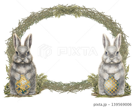 Watercolor rabbits holding ornate Easter eggs within a wheat frame. Soft tones and vintage botanical style create a festive template for invitations, holiday decor, packaging, and seasonal branding. 139569006