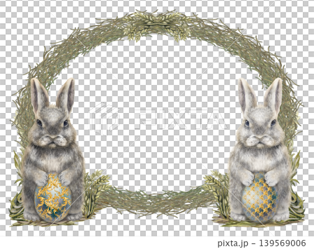 Watercolor rabbits holding ornate Easter eggs within a wheat frame. Soft tones and vintage botanical style create a festive template for invitations, holiday decor, packaging, and seasonal branding. 139569006