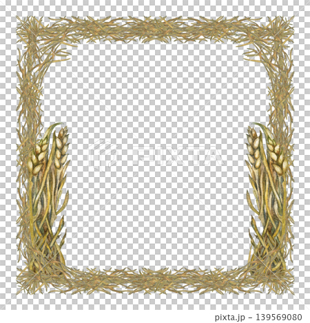 Watercolor rustic square frame of hay, forming wreath. Natural organic texture with a soft vintage feel, ideal for Easter designs, branding, invitations, packaging, and seasonal stationery Watercolor rustic square frame of hay, forming wreath. Natural organic texture with a soft vintage feel, ideal for Easter designs, branding, invitations, packaging, and seasonal stationery 139569080