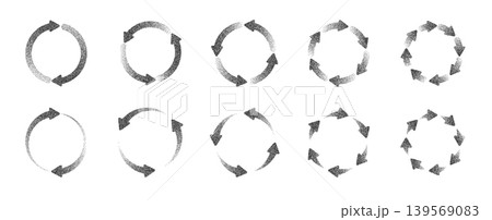 Modern circular arrow icon with halftone grain effect. Vector set features dotted patterns, abstract motion symbols, and geometric arrows for dynamic infographic designs. Modern circular arrow icon with halftone grain effect. Vector set features dotted patterns, abstract motion symbols, and geometric arrows for dynamic infographic designs. 139569083