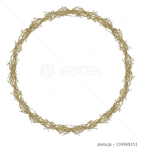 Watercolor rustic circle frame of hay, forming wreath. Natural organic texture with a soft vintage feel, ideal for Easter designs, branding, invitations, packaging, and seasonal stationery. 139569151