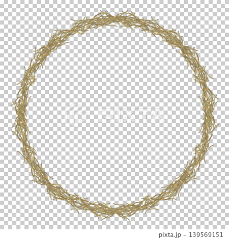Watercolor rustic circle frame of hay, forming wreath. Natural organic texture with a soft vintage feel, ideal for Easter designs, branding, invitations, packaging, and seasonal stationery. 139569151