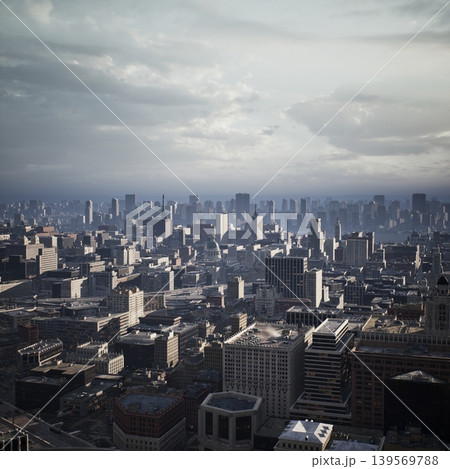 A sprawling urban landscape stretches as far as the eye can see, with tall buildings rising against the moody sky. The scene captures a blend of architecture, light, and atmosphere. A sprawling urban landscape stretches as far as the eye can see, with tall buildings rising against the moody sky. The scene captures a blend of architecture, light, and atmosphere. 139569788