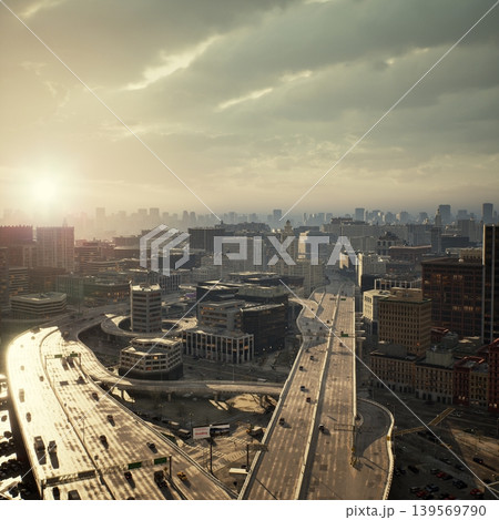 Golden sunlight casts shadows over the bustling cityscape. Vehicles stream along the highways while skyscrapers glimmer. The horizon reveals a dynamic urban environment at dusk. Golden sunlight casts shadows over the bustling cityscape. Vehicles stream along the highways while skyscrapers glimmer. The horizon reveals a dynamic urban environment at dusk. 139569790