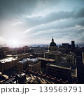 A breathtaking view of a city skyline during sunrise shows a grand dome building surrounded by modern skyscrapers. The dramatic clouds and soft light create a serene atmosphere. 139569791