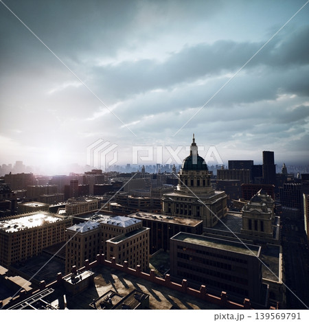 A breathtaking view of a city skyline during sunrise shows a grand dome building surrounded by modern skyscrapers. The dramatic clouds and soft light create a serene atmosphere. 139569791