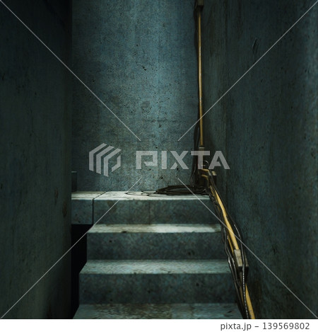 Narrow concrete staircase with exposed pipe and valve. worn steps and conduit run along damp wall, grime and rust accentuating industrial texture. intimate Narrow concrete staircase with exposed pipe and valve. worn steps and conduit run along damp wall, grime and rust accentuating industrial texture. intimate 139569802