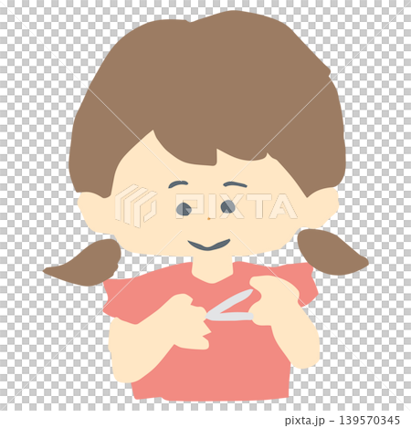 女孩剪指甲的插圖；儀容整理；膿皰病預防；平面印刷。 139570345