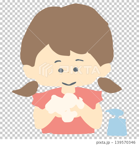 女孩用泡沫和肥皂洗手以預防感染的插圖。平面設計。 女孩用泡沫和肥皂洗手以預防感染的插圖。平面設計。 139570346