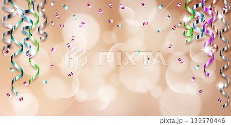 Colorful ribbons and confetti on beige. Colorful ribbons and confetti on beige. 139570446