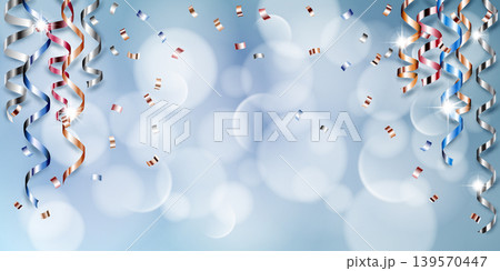 Colorful ribbons and confetti on blue. 139570447