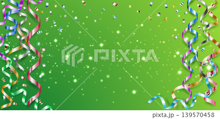 Colorful ribbons and confetti on green. Colorful ribbons and confetti on green. 139570458