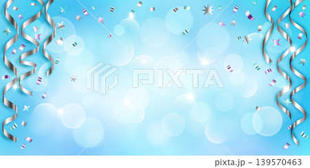 Silver ribbons and confetti on blue background. 139570463