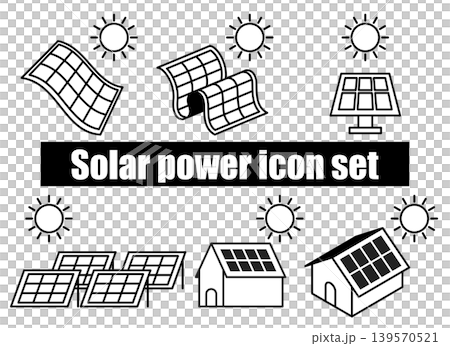 一組單色圖標,代表各種類型的太陽能發電,從鈣鈦礦太陽能到住宅太陽能裝置。 一組單色圖標,代表各種類型的太陽能發電,從鈣鈦礦太陽能到住宅太陽能裝置。 139570521