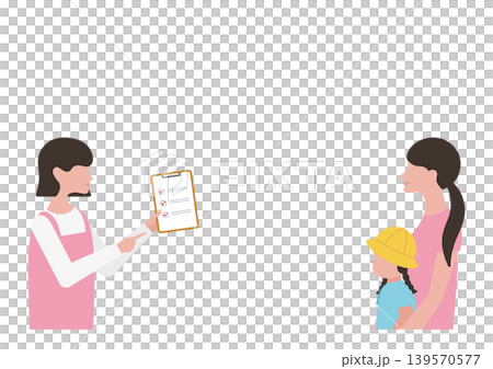 Vector illustration of a childcare worker explaining a checklist, a little girl, and her mother. Vector illustration of a childcare worker explaining a checklist, a little girl, and her mother. 139570577