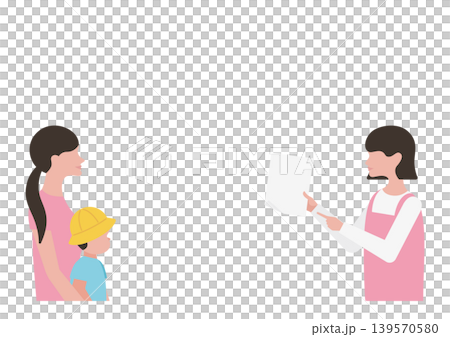 Vector illustration of a childcare worker explaining documents to a boy and his mother. Vector illustration of a childcare worker explaining documents to a boy and his mother. 139570580