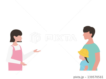 説明をする保育士と女の子・父親のベクターイラスト素材 139570581