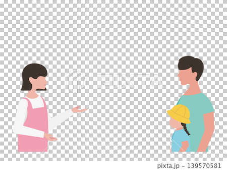 説明をする保育士と女の子・父親のベクターイラスト素材 139570581