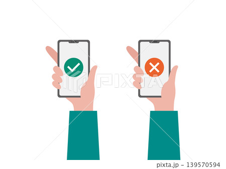 スマートフォンを持つ手と安全マークのベクターイラスト素材セット 139570594