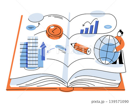 Man holding globe by open book with business charts and pencil vector illustration. Global education, financial planning, trade, strategy, analysis, growth. Person with world sphere by textbook Man holding globe by open book with business charts and pencil vector illustration. Global education, financial planning, trade, strategy, analysis, growth. Person with world sphere by textbook 139571090